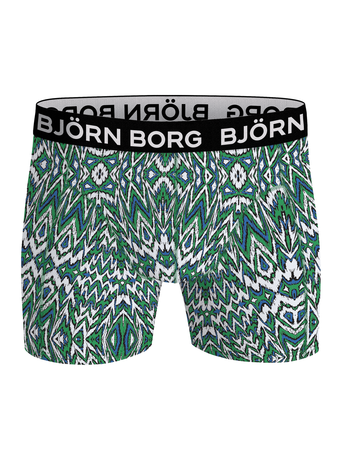 Microfiber Boxer 1-pack i grønt, blått og hvitt kaleidoskop-mønster med hvit logo på linningen, sett forfra. - Image 1