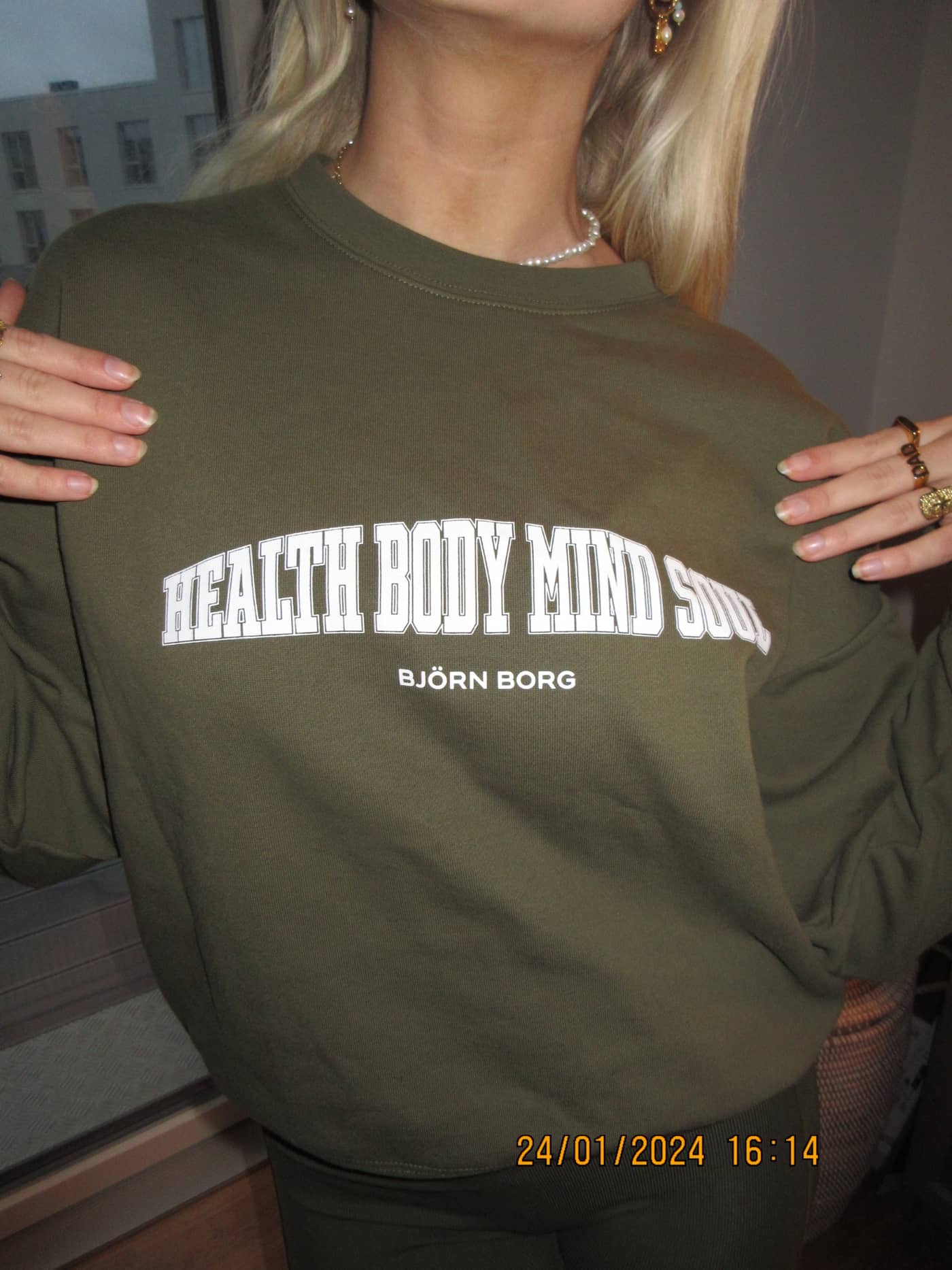 Women's Ace Boyfriend Crew in Olive Night (Green) features a soft fleece, oversized fit and bold white graphic print. - Image 9