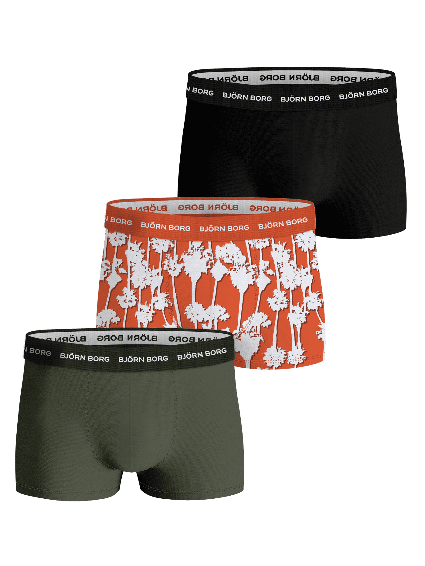 Cotton Stretch Trunk 3-pack in black, green, and orange palm tree print with soft white logo elastic waistbands. - Image 1