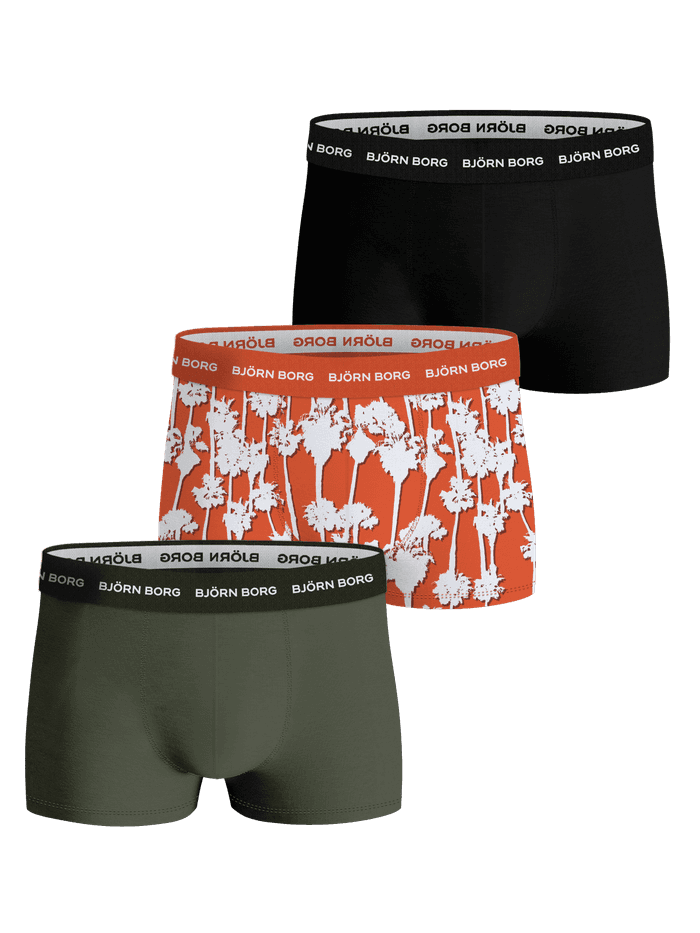 Cotton Stretch Trunk 3-pack i svart, grønn og oransje palmetreprint med myk elastisk linning og hvit logo.