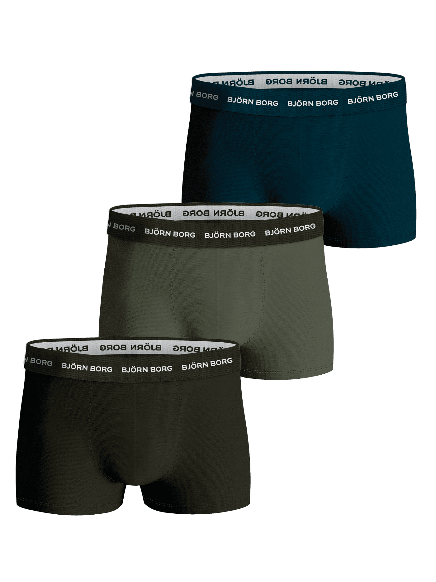Cotton Stretch Trunk 3-pack i mörkgrönt, olivgrönt och svart med vit logotyp på mjukt resår i mikrofiber. - Image 1