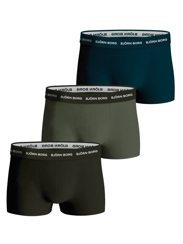 Cotton Stretch Trunk 3-pack in donkergroen, olijfgroen en zwart met een zachte microvezel logoband en ondersteunende pasvorm.
