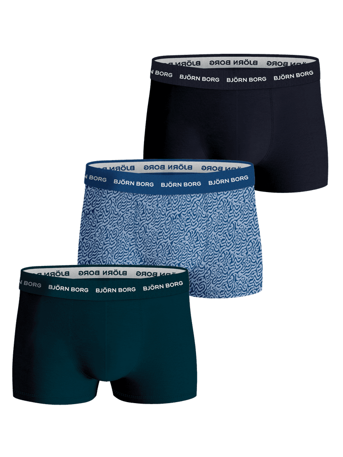 Cotton Stretch Trunk 3-pack in donkerblauw, groen en blauwe print van stretchkatoen met witte logoband voor heren.