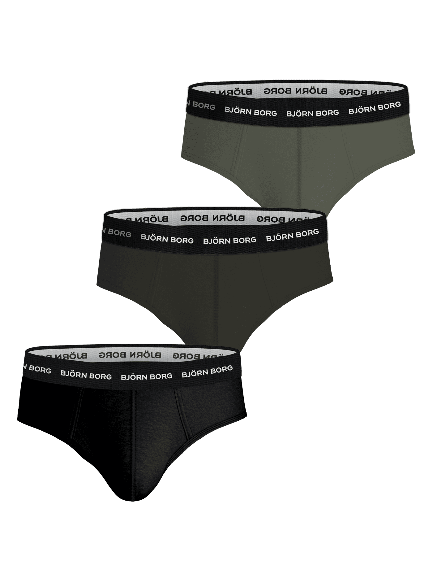 Cotton Stretch Brief 3-pack in black and green, featuring soft microfibre waistbands with white Björn Borg logos. - Image 1