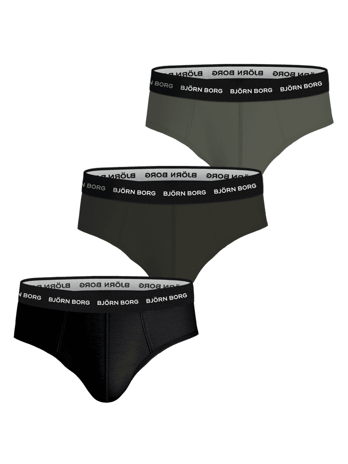 Cotton Stretch Brief 3-pack i svart og grønt i myk bomullsstretch med hvite logoer på en elastisk mikrofiberlinning.