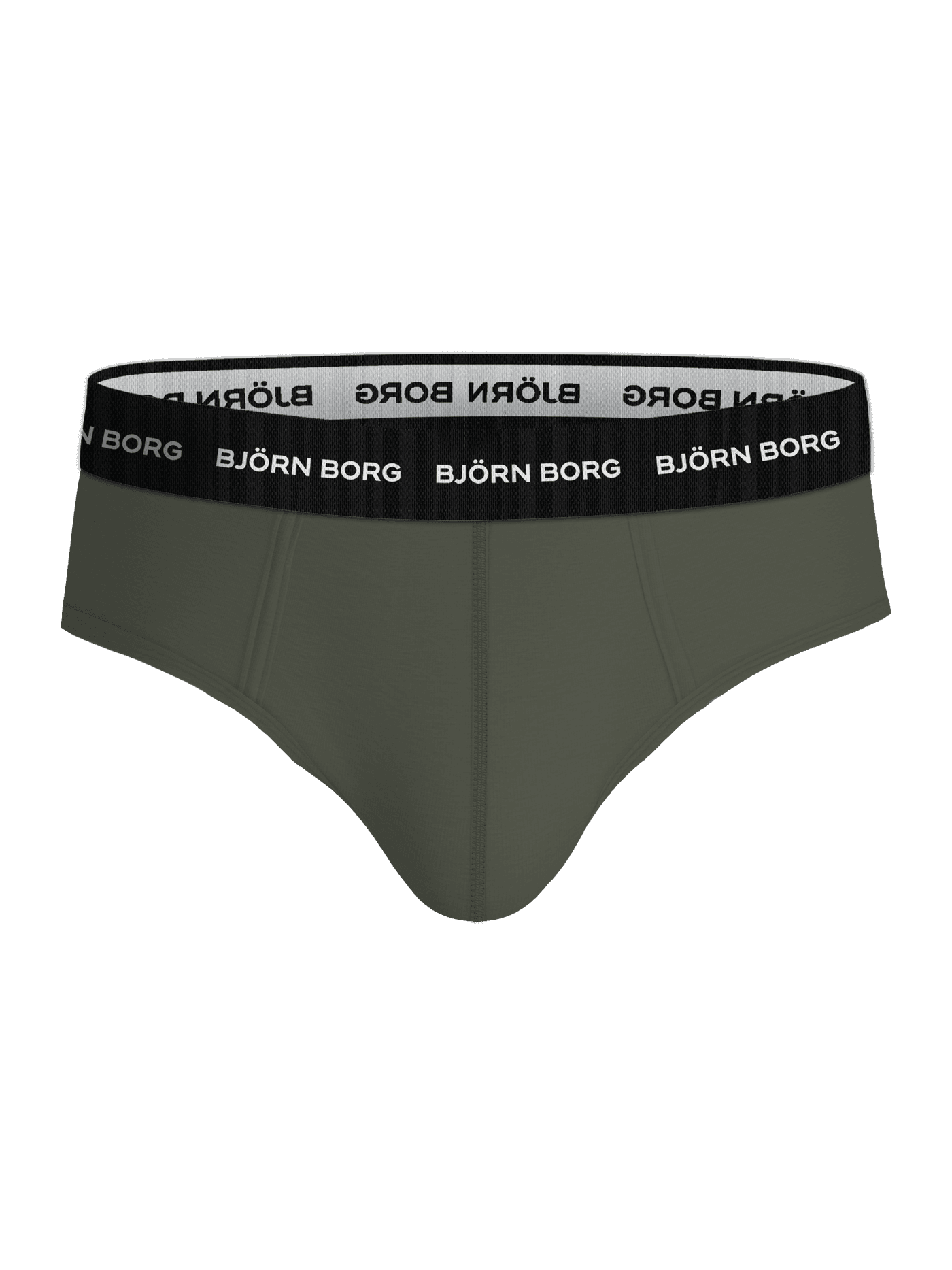 Front view of the Cotton Stretch Brief 3-pack in green, featuring a black waistband and white logos for style and function. - Image 5