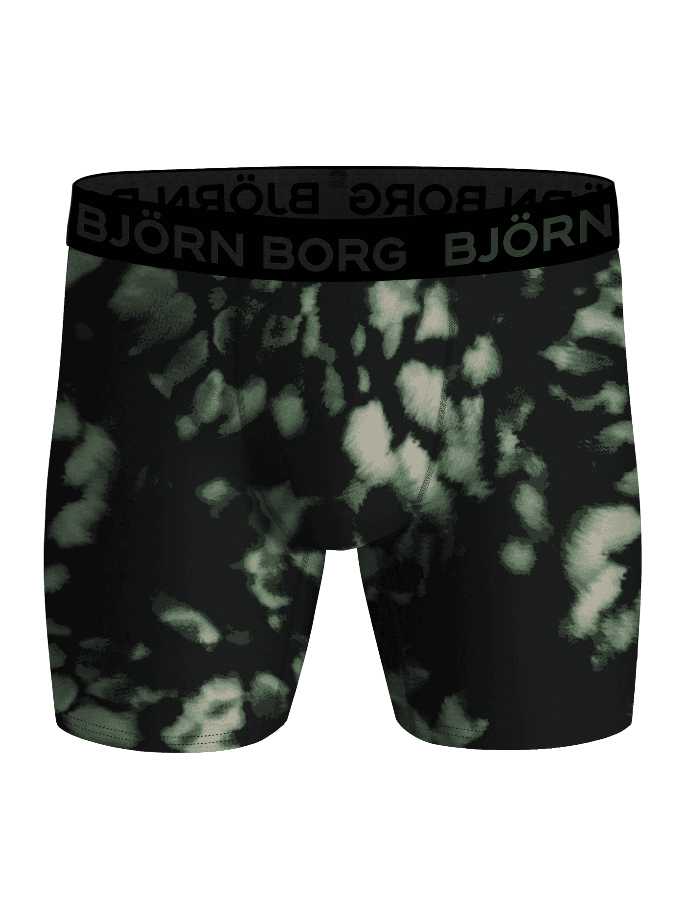 Front view of the Sports Boxer 3-pack training boxer briefs for men in a green and black print and black logo waistband. - Image 4