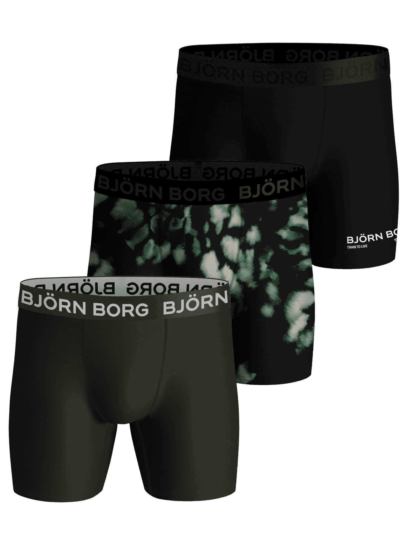 Sports Boxer 3-pack training boxer briefs in black, green, and print with white logo waistbands and a moisture-wicking fit. - Image 1