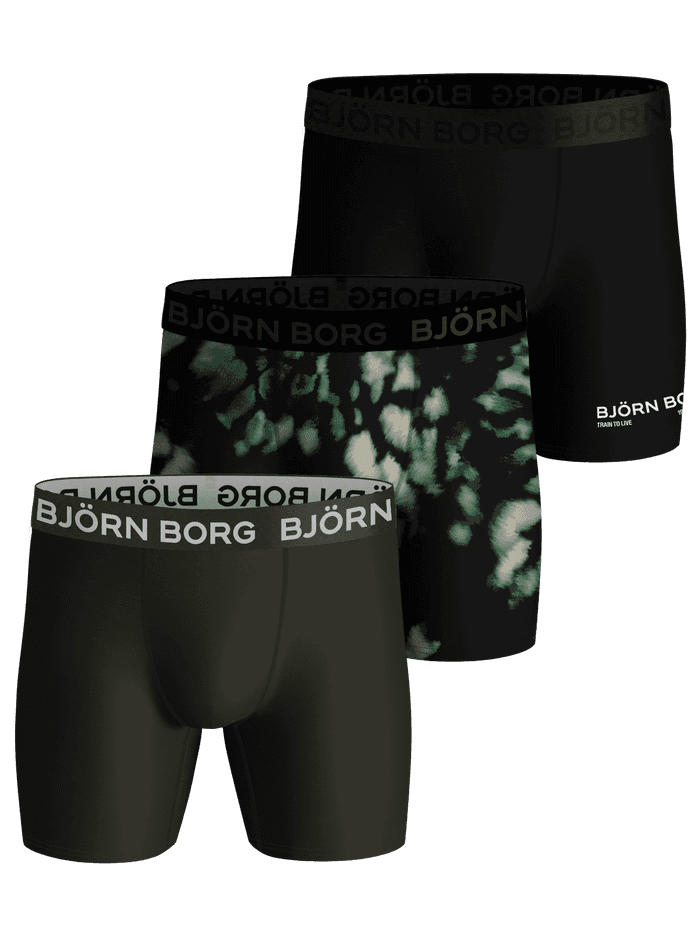 Sports Boxer 3-pack träningskalsonger i svart, grönt och mönstrat med vita logoresårer och fuktavledande passform.