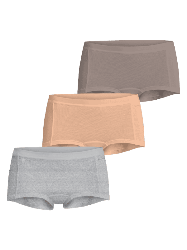 Core Minishorts 3-pack til kvinder i blød bomuld med stræk i lyserød og melange med en god pasform og mellemhøj talje.