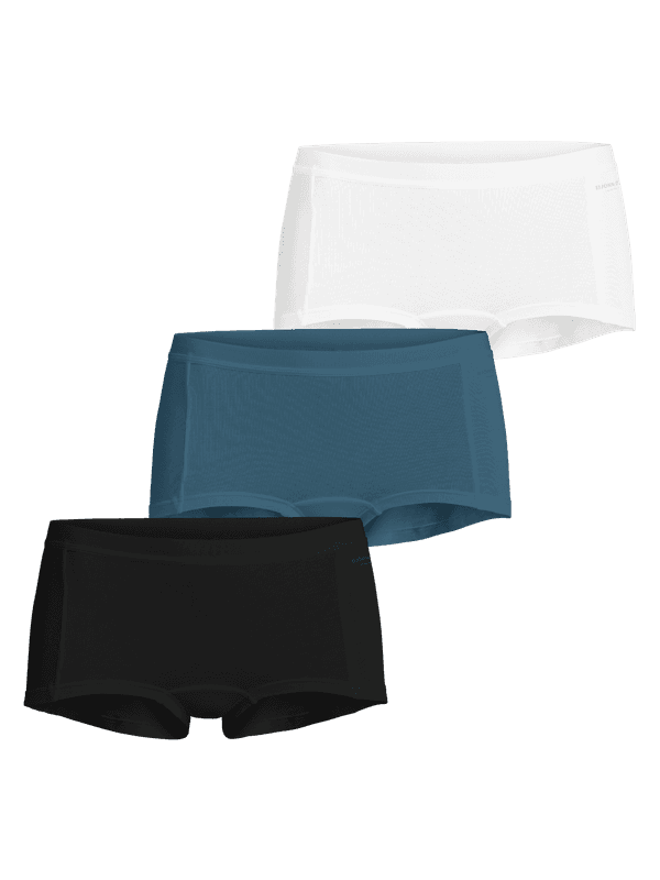 Core Minishorts 3-pack til kvinder i sort, blå og hvid i blødt bomuldsstræk med en behagelig mellemhøj talje.