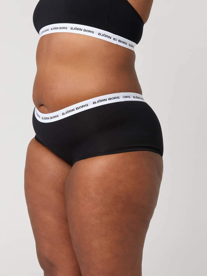 Zijaanzicht van de Core Logo Minishorts 2-pack in Zwart met een witte logotailleband en een stijlvolle halfhoge pasvorm. - Image 3