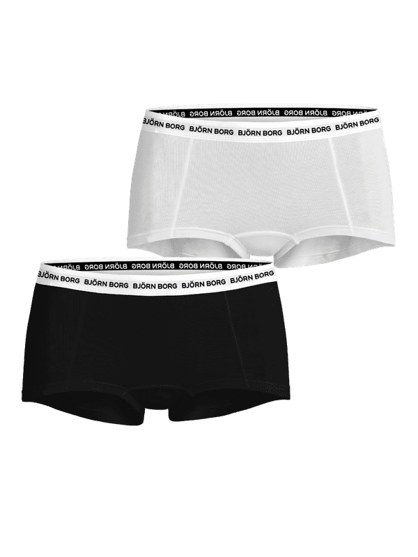 CORE LOGO MINISHORTS 2p til kvinder i Sort og Hvid med hvid logo-elastik og en komfortabel pasform i bomuldsstræk.