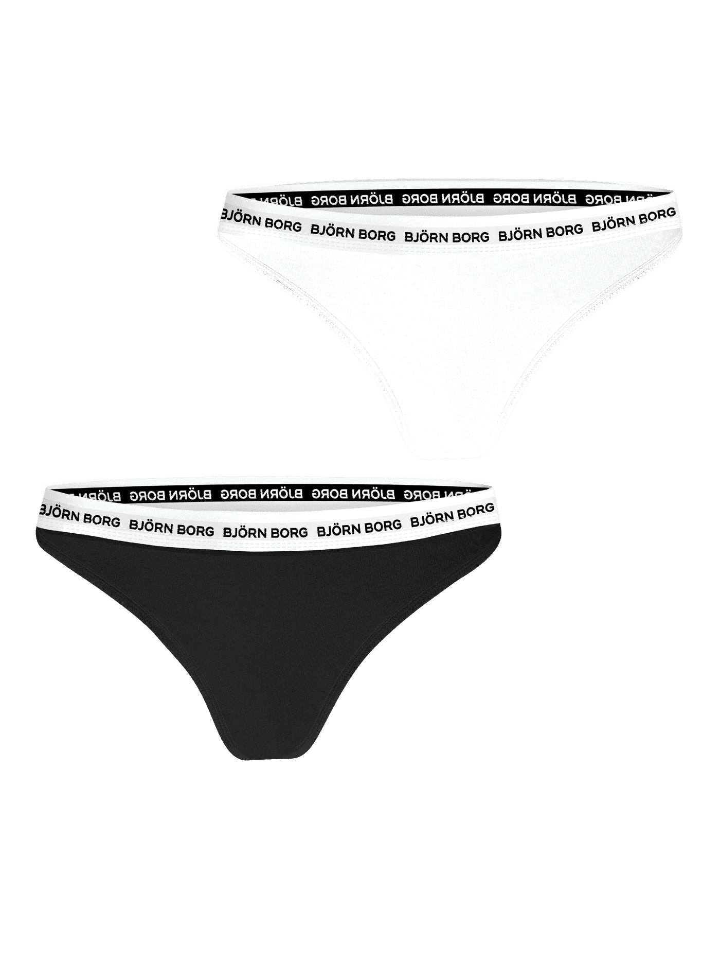 Core Logo Thong 2-pack in black and white, featuring soft cotton stretch and black logos on the waistband. - Image 1