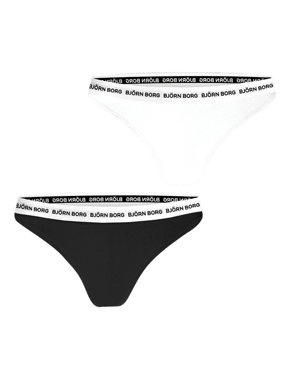 Core Logo Thong 2-pack i White (Hvid) og Black (Sort) i blødt bomuld med stræk og sorte logoer på linningen.