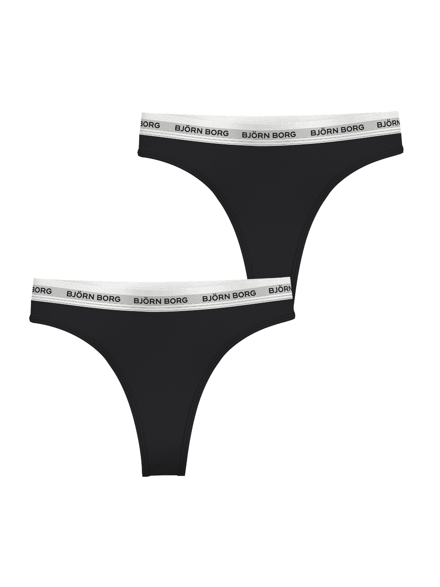 Front view of the black Core Logo Thong 2-pack in soft cotton stretch with white and black logo waistbands. - Image 2