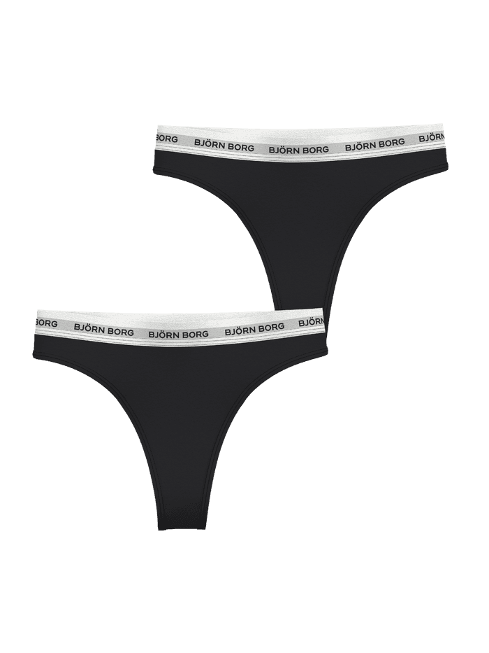 Zwarte Core Logo Thong 2-pack van zacht stretchkatoen met witte en zwarte logotaillebanden, vooraanzicht. - Image 2