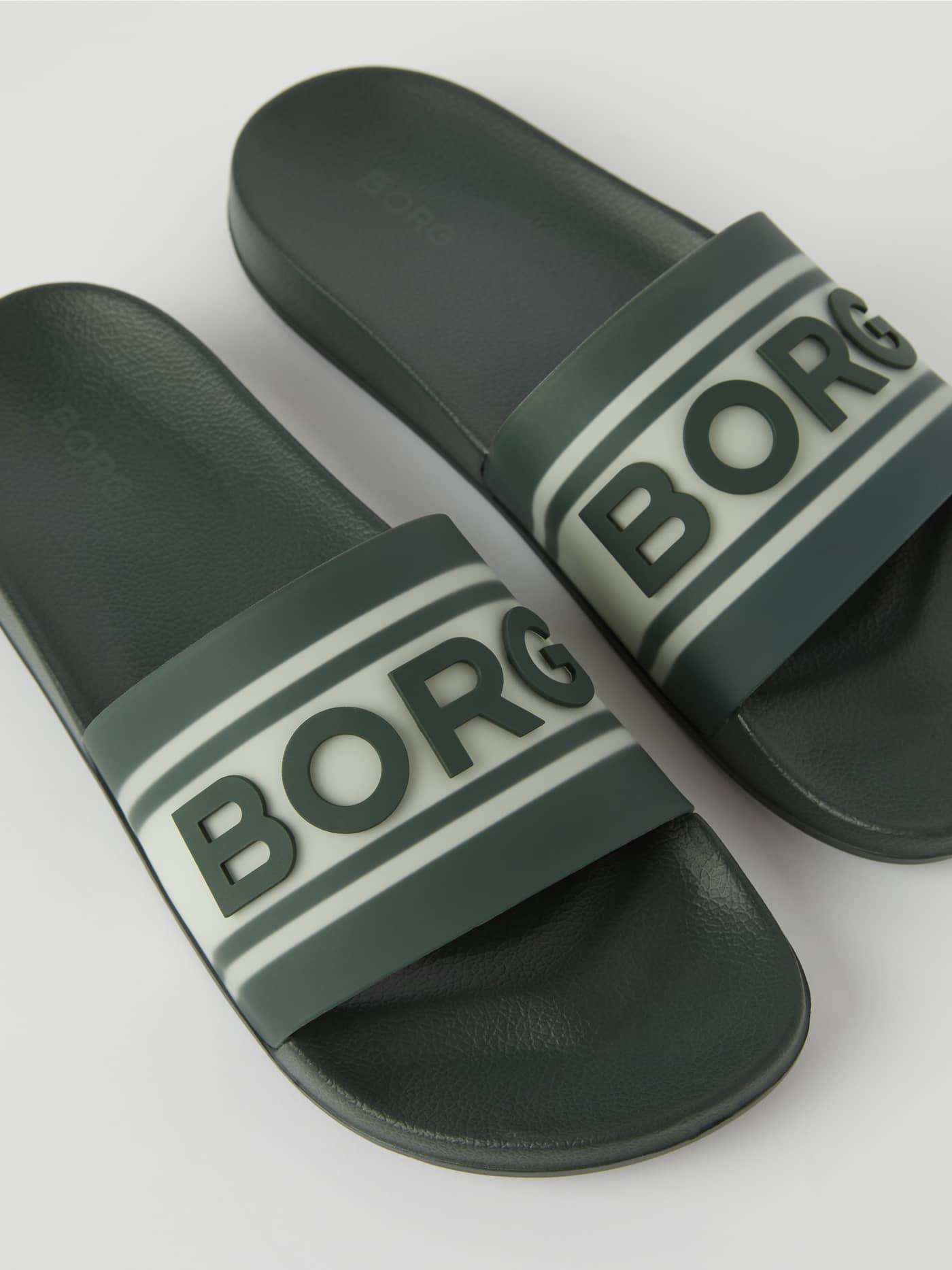 Green Knox Men's Molded Sandals featuring a white stripe, large BORG logo, and flexible TPU rubber for stylish comfort. - Image 1