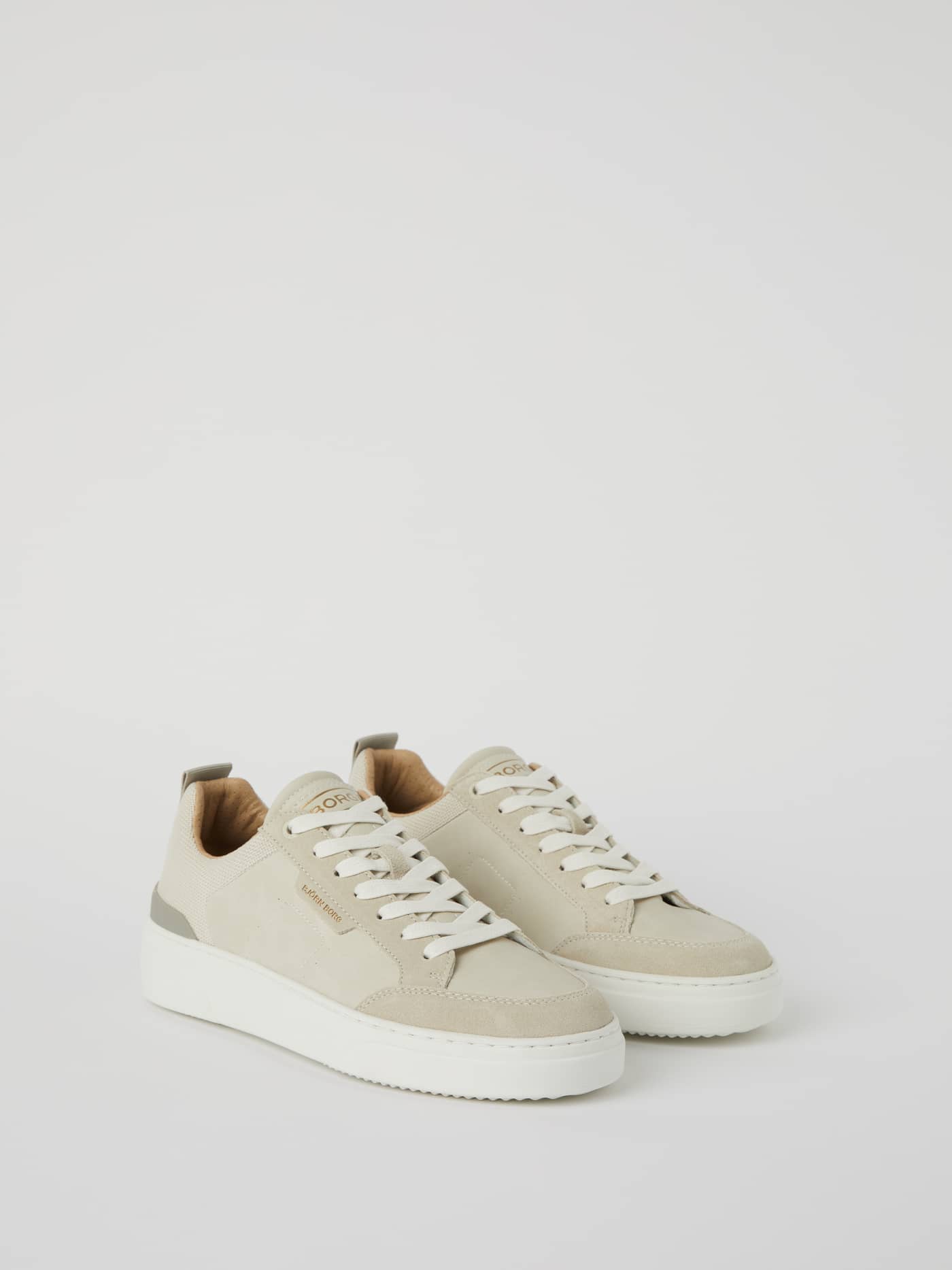 Men's Breakpoint Sneakers in Beige featuring suede and mesh panels with a gold logo and a sturdy white rubber sole. - Image 1