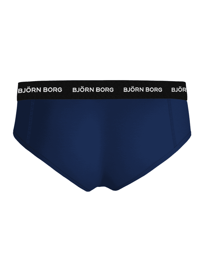 Vue arrière du Cotton Stretch Brief 3-pack bleu en coton extensible avec ceinture en microfibre noire à logo blanc. - Image 3