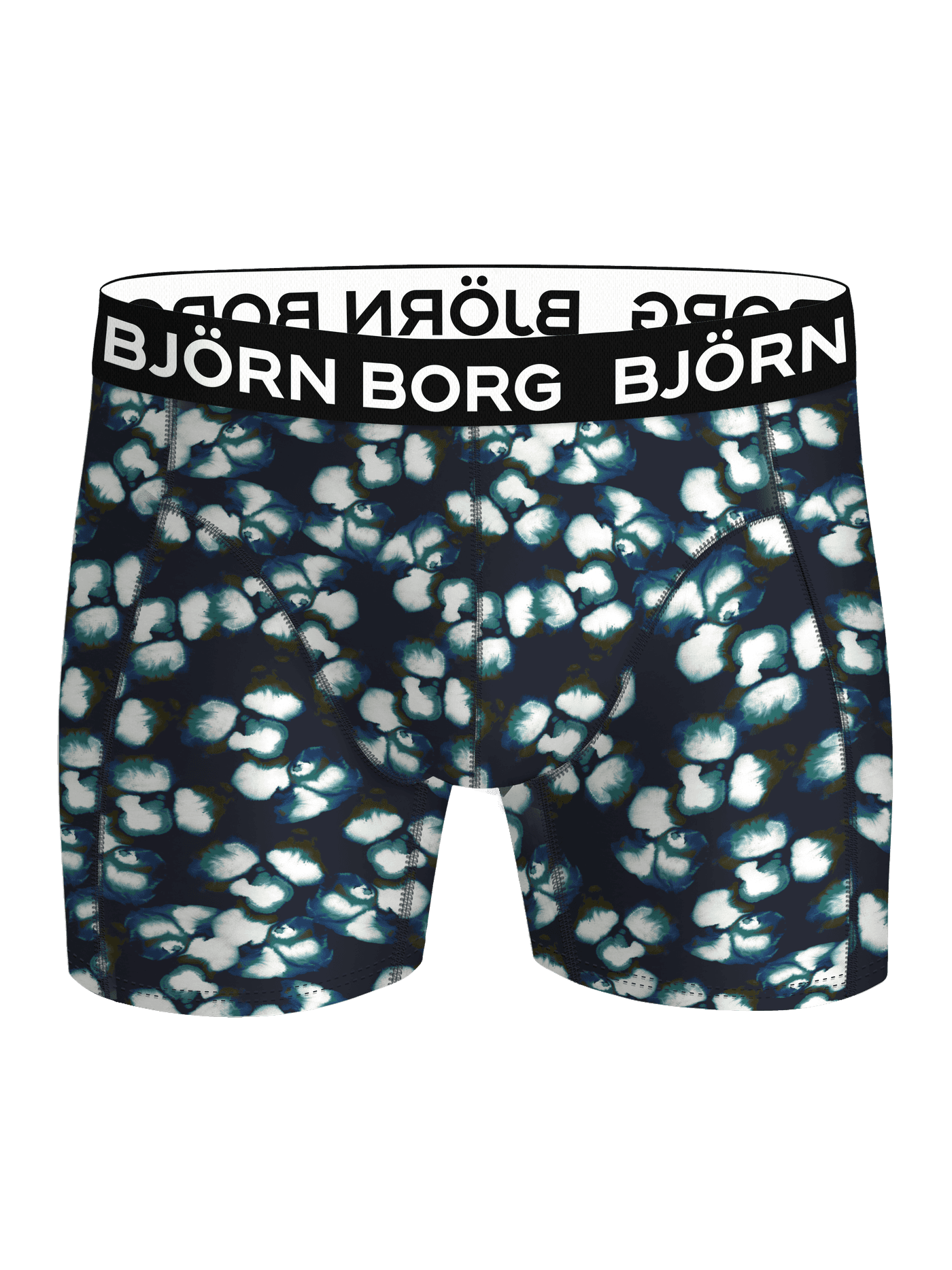 Microfiber Boxer 1-pack med mørkeblåt og petroleum abstrakt print set forfra med sort elastiklinning og hvidt logo. - Image 1