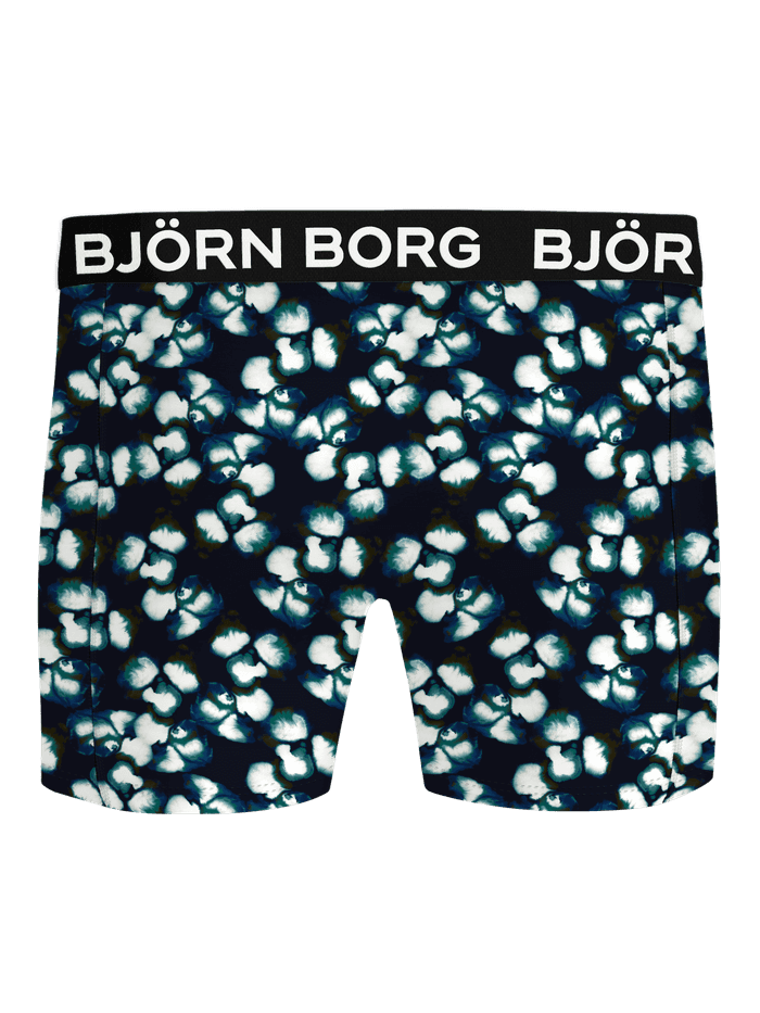 Vue de face du Microfiber Boxer 1-pack à imprimé floral marine, blanc et bleu sarcelle avec logo blanc sur ceinture noire. - Image 2