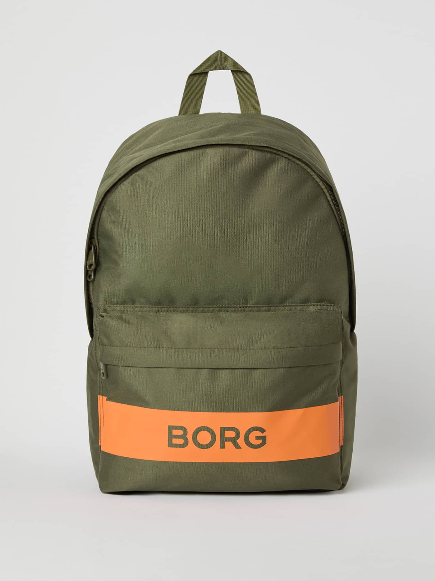 Borg Stripe Backpack i Kalamata (Grøn) set forfra med orange refleksstribe og grønt logo. - Image 1