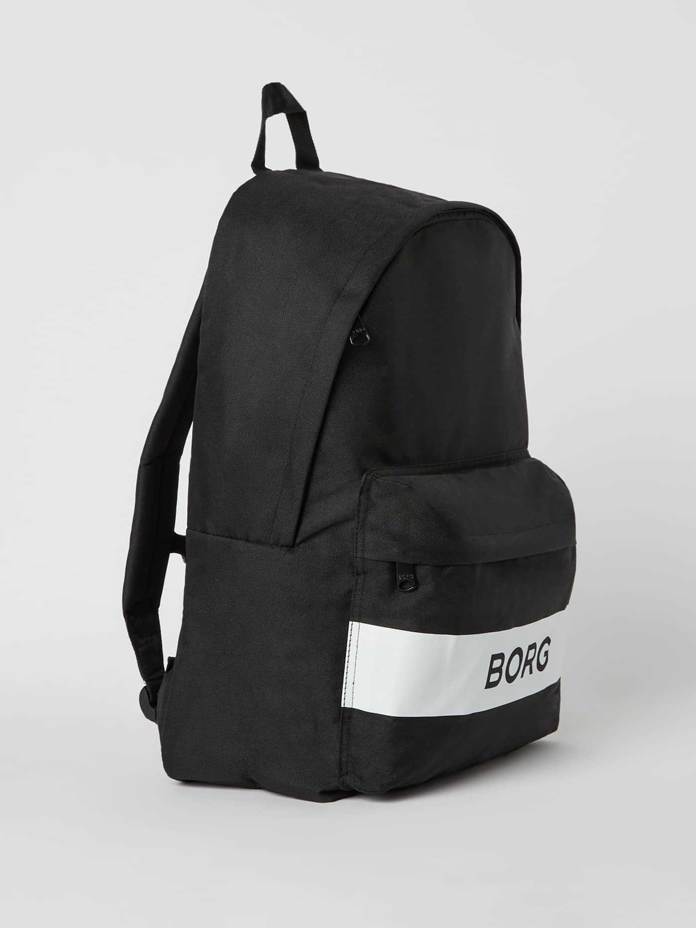 Vue de profil du Borg Stripe Backpack en Black Beauty (Noir) avec bande réfléchissante blanche et poche zippée. - Image 2