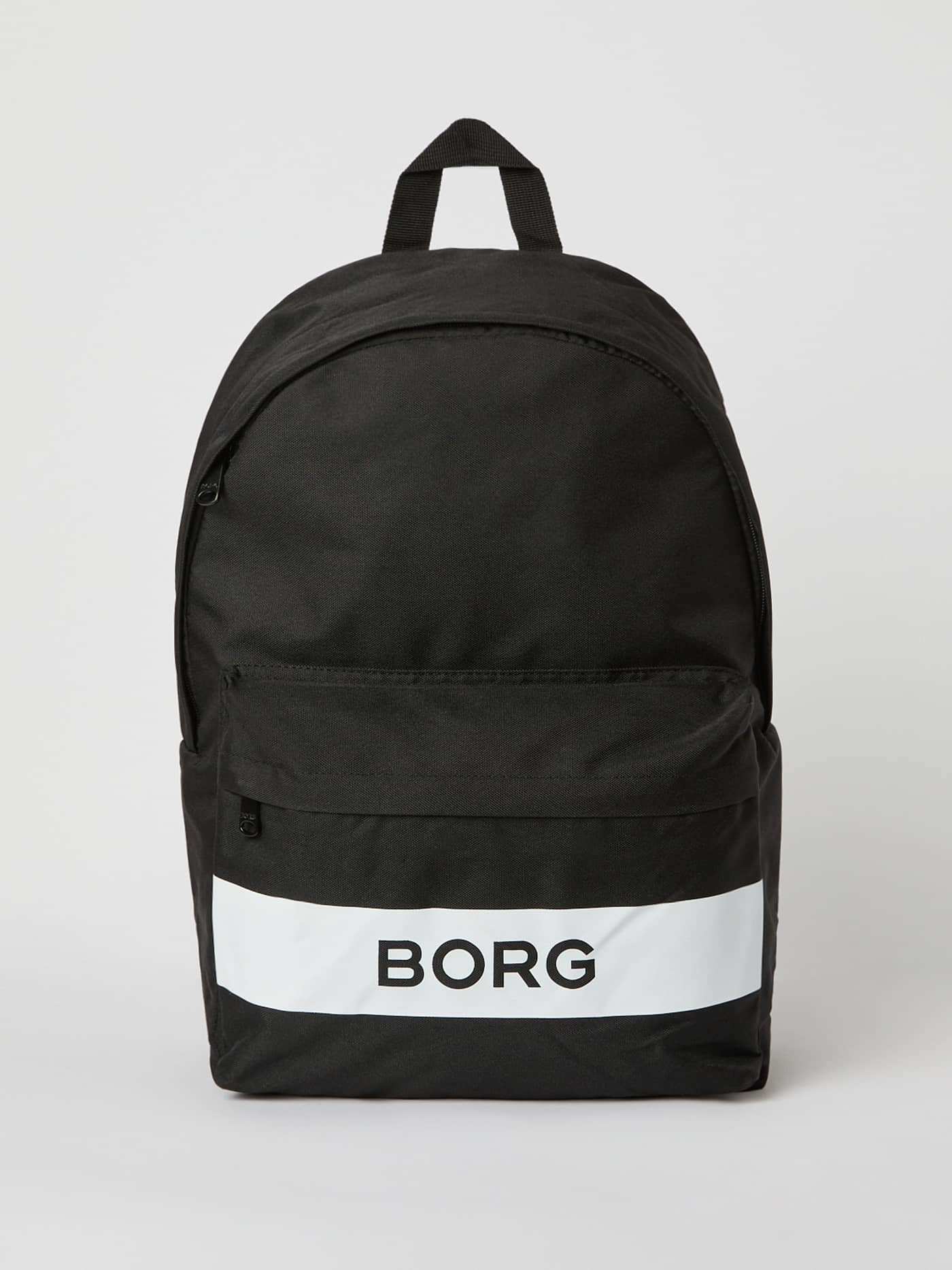 Vue de face du Borg Stripe Backpack en Black Beauty (Noir) avec bande logo réfléchissante et poche zippée. - Image 1