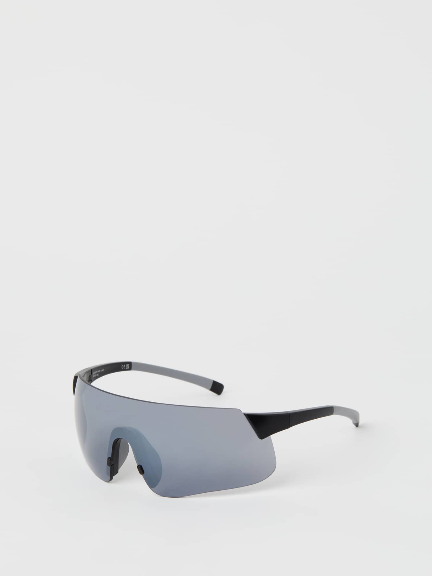 Angled view of the black Björn Borg Running Sunglasses featuring a mirrored shield lens for performance and running. - Image 1