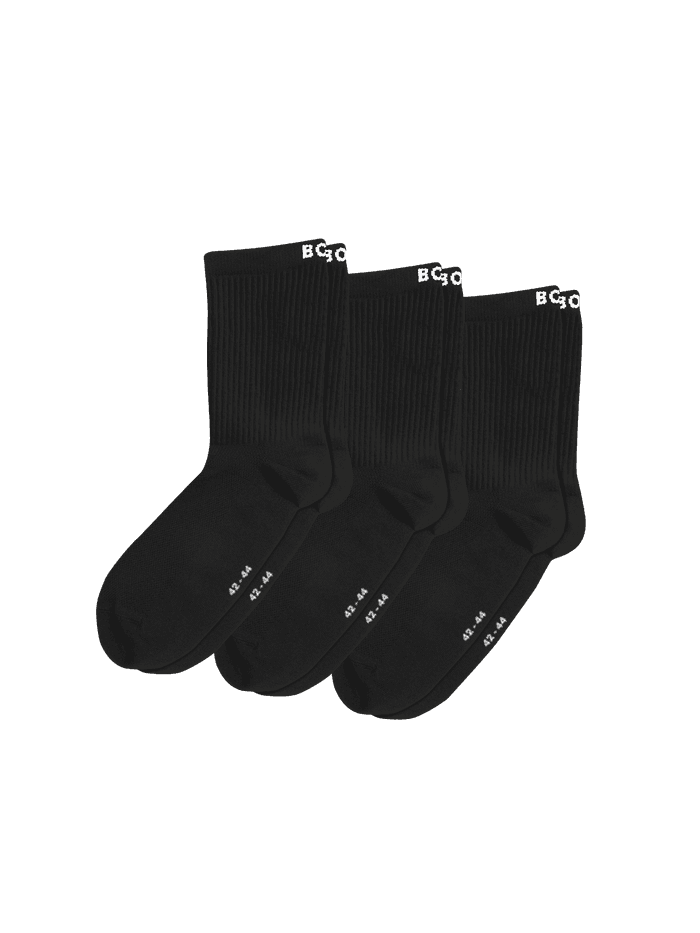 Zwarte Sports Socks 3-pack met een geribbeld ondersteunend design en witte Borg-logo's voor training.