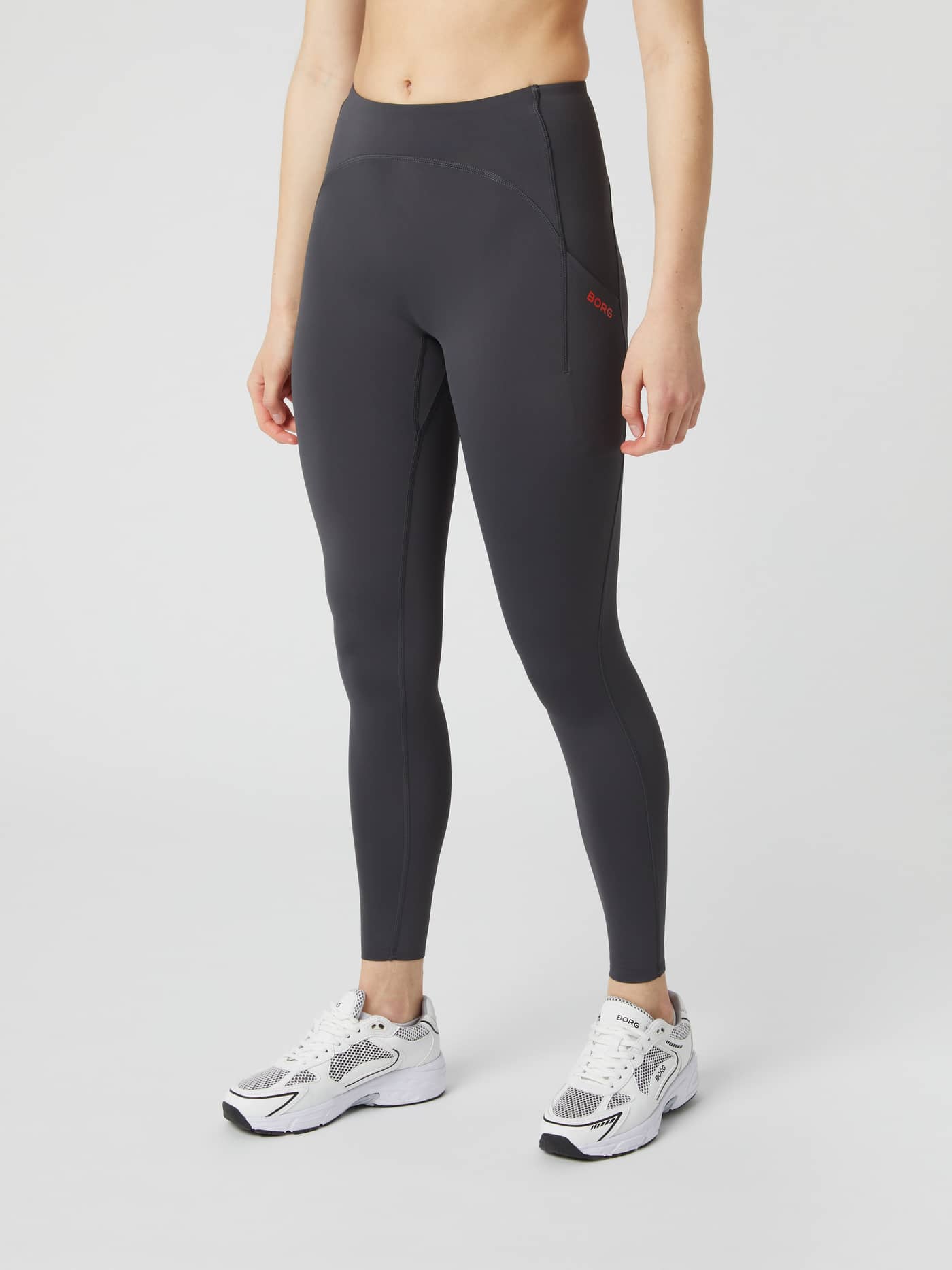 Borg Reform Premium Tights in Asphalt (Grijs) voor training, met een rood logo en slim-fit pasvorm in vooraanzicht. - Image 3