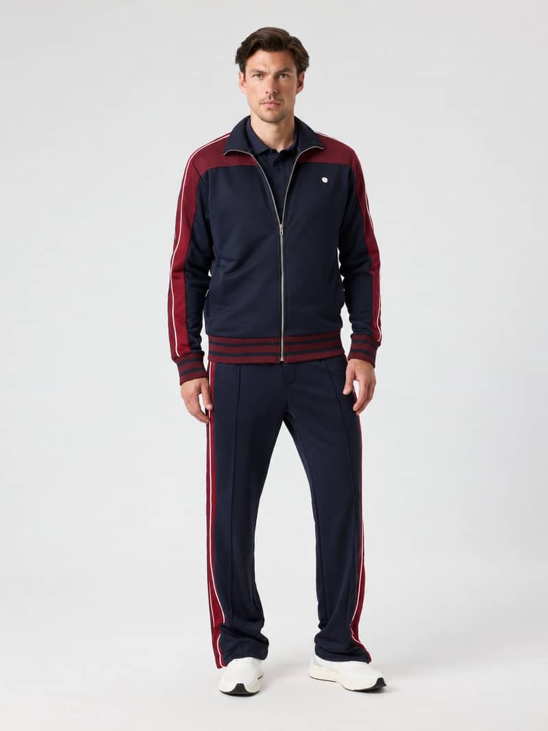 Front view of the Ace Retro Track Pants in Night sky (Navy) featuring contrasting color panels and tennis-ball logo.