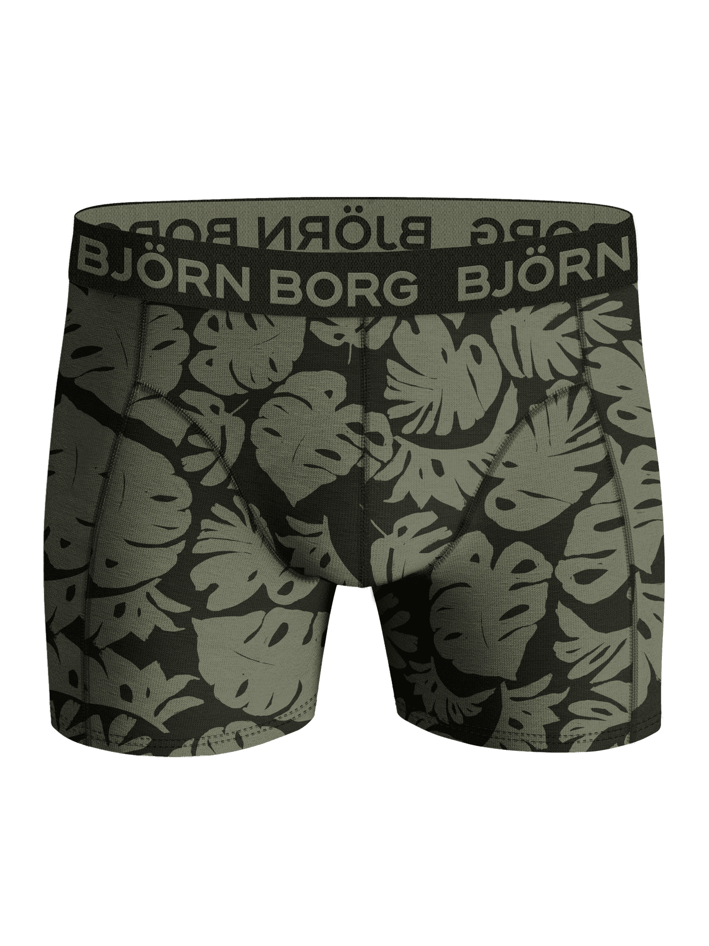 Front view of the Cotton Stretch Boxer 5-pack featuring a green and black leaf print and a light green logo. - Image 4