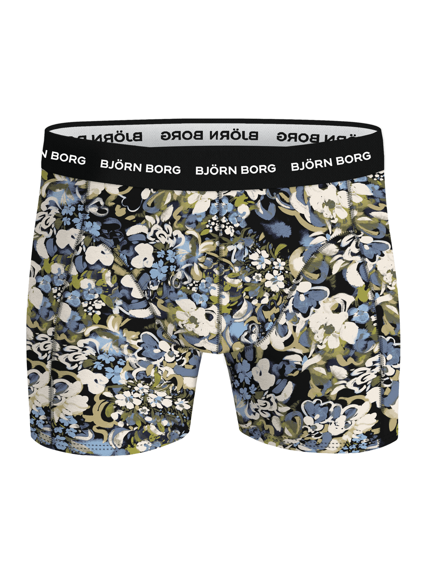 Cotton Stretch Boxer 5-pack in a blue, green, and navy floral print with a black waistband and white logos. - Image 4