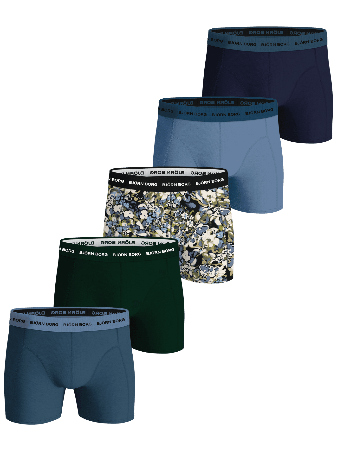 Cotton Stretch Boxer 5-pack för män i mörkblått, blått, grönt och blommigt mönster med vita och svarta logotyper. - Image 1