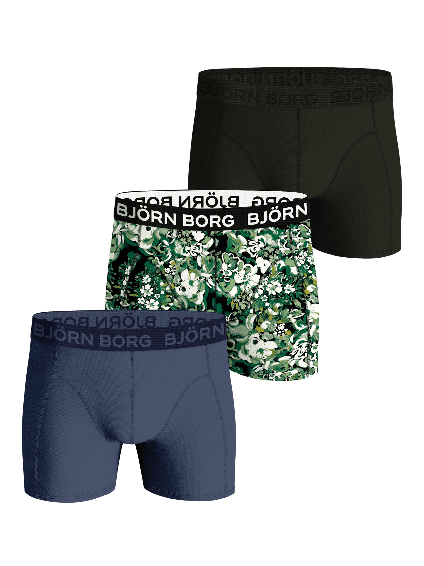 Front view of the Cotton Stretch Boxer 3-pack in blue, green, and floral print in soft cotton stretch with white logos. - Image 1