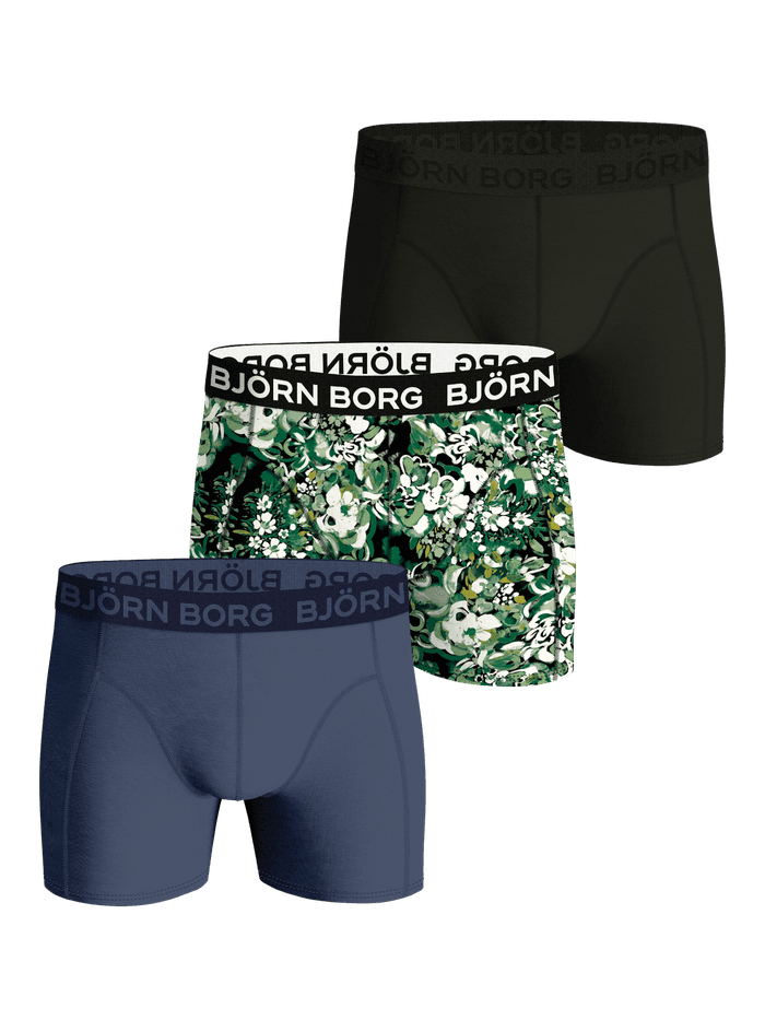 Front view of the Cotton Stretch Boxer 3-pack in blue, green, and floral print in soft cotton stretch with white logos.