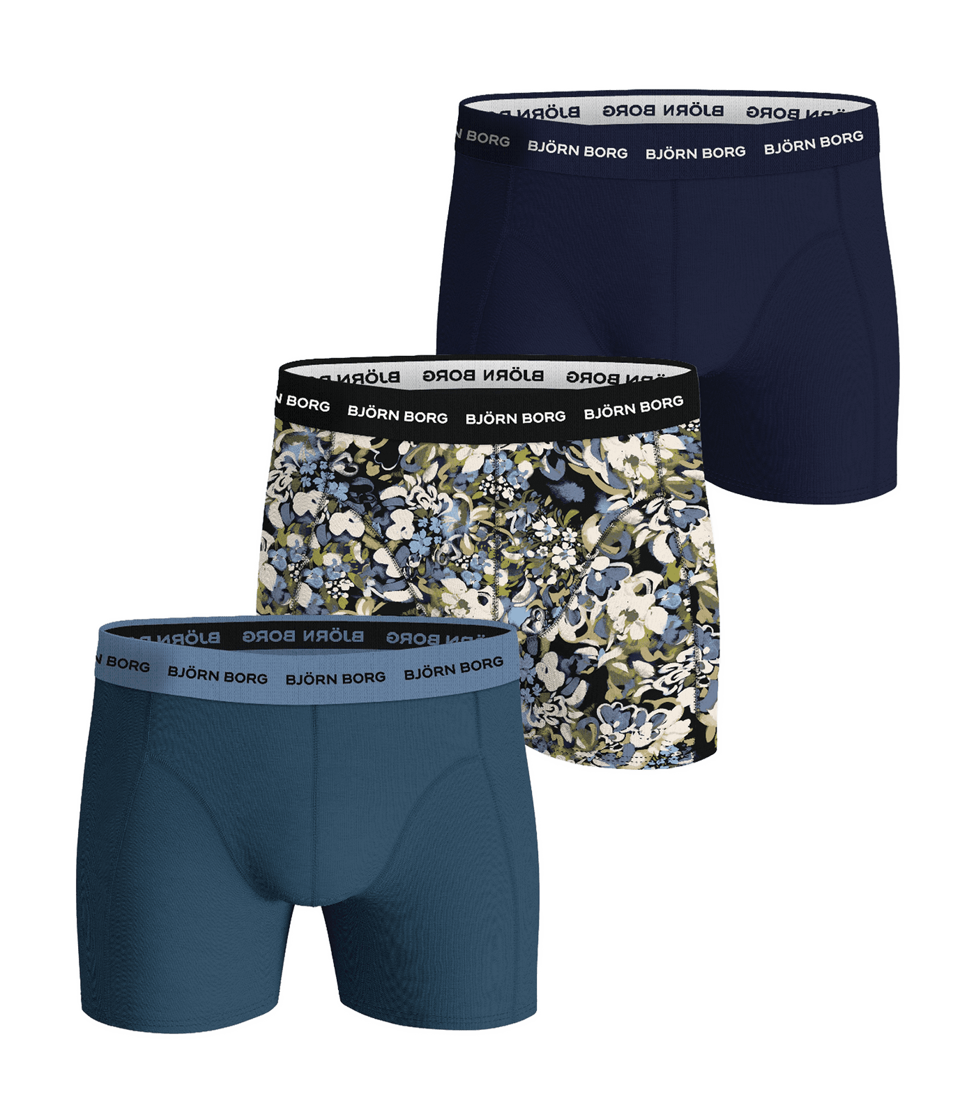 Björn Borg Cotton Stretch Boxer 3-pack for men in navy blue, floral print and blue boxer briefs with white and black logos. - Image 1