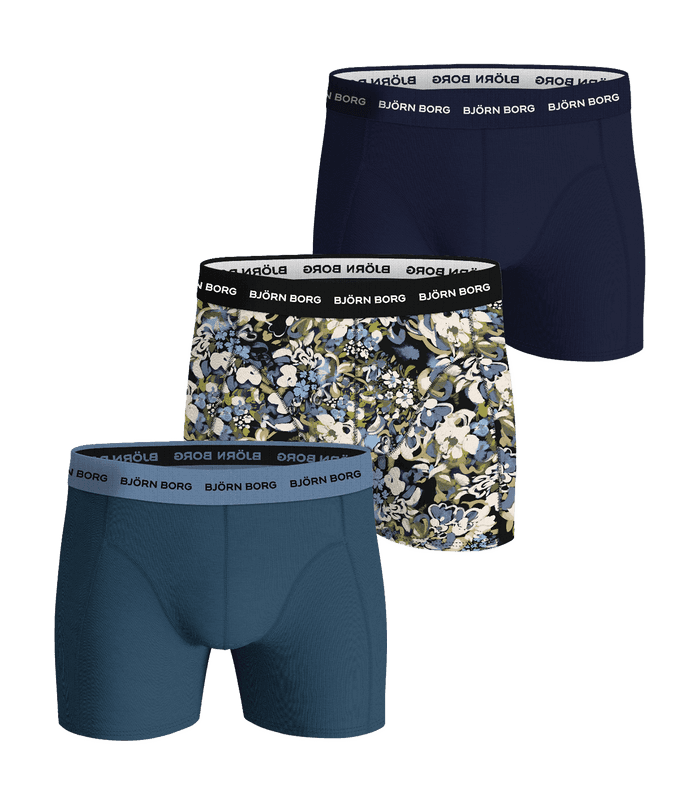 Björn Borg Cotton Stretch Boxer 3-pack for men in navy blue, floral print and blue boxer briefs with white and black logos.