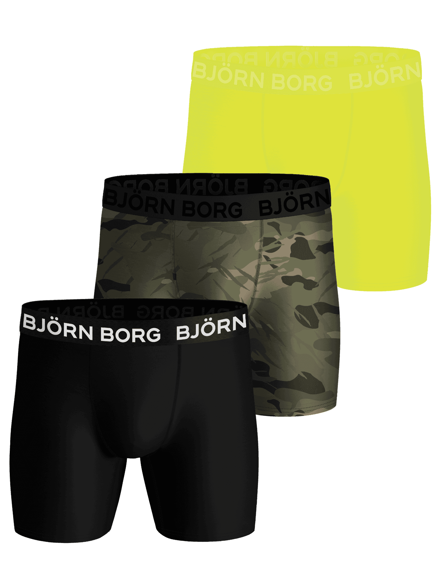 Sports Boxer 3-pack för träning i svart, kamouflage och neongul återvunnen polyester med logotyper på midjeresåren. - Image 1