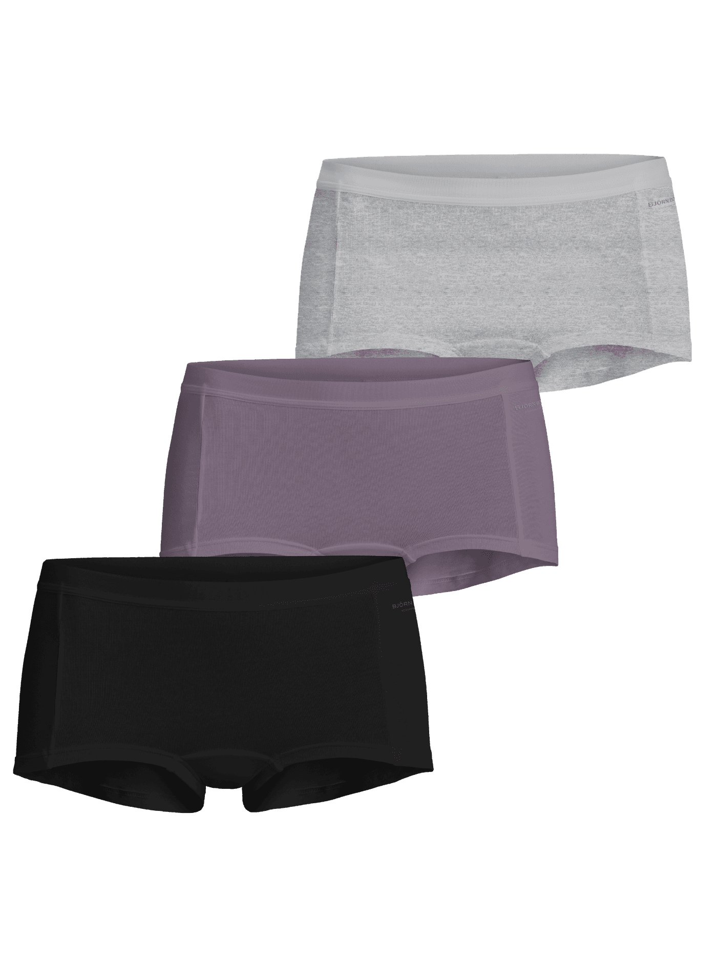 Minishorts 3-pack in grijs melange, paars en zwart van katoen stretch met tonale logo's, vooraanzicht. - Image 1