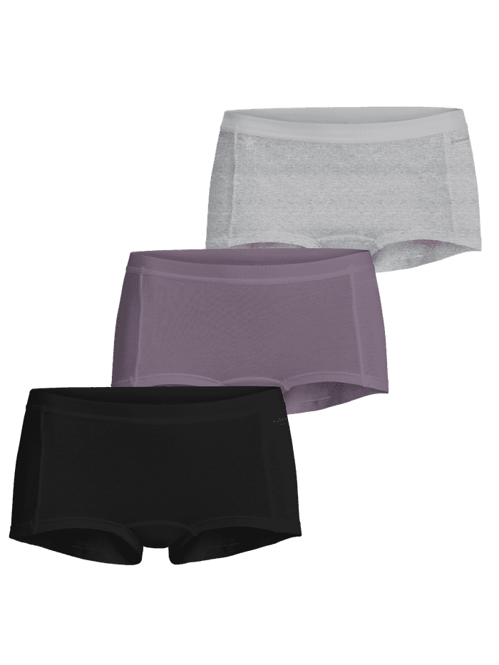 Minishorts 3-pack in grijs melange, paars en zwart van katoen stretch met tonale logo's, vooraanzicht.