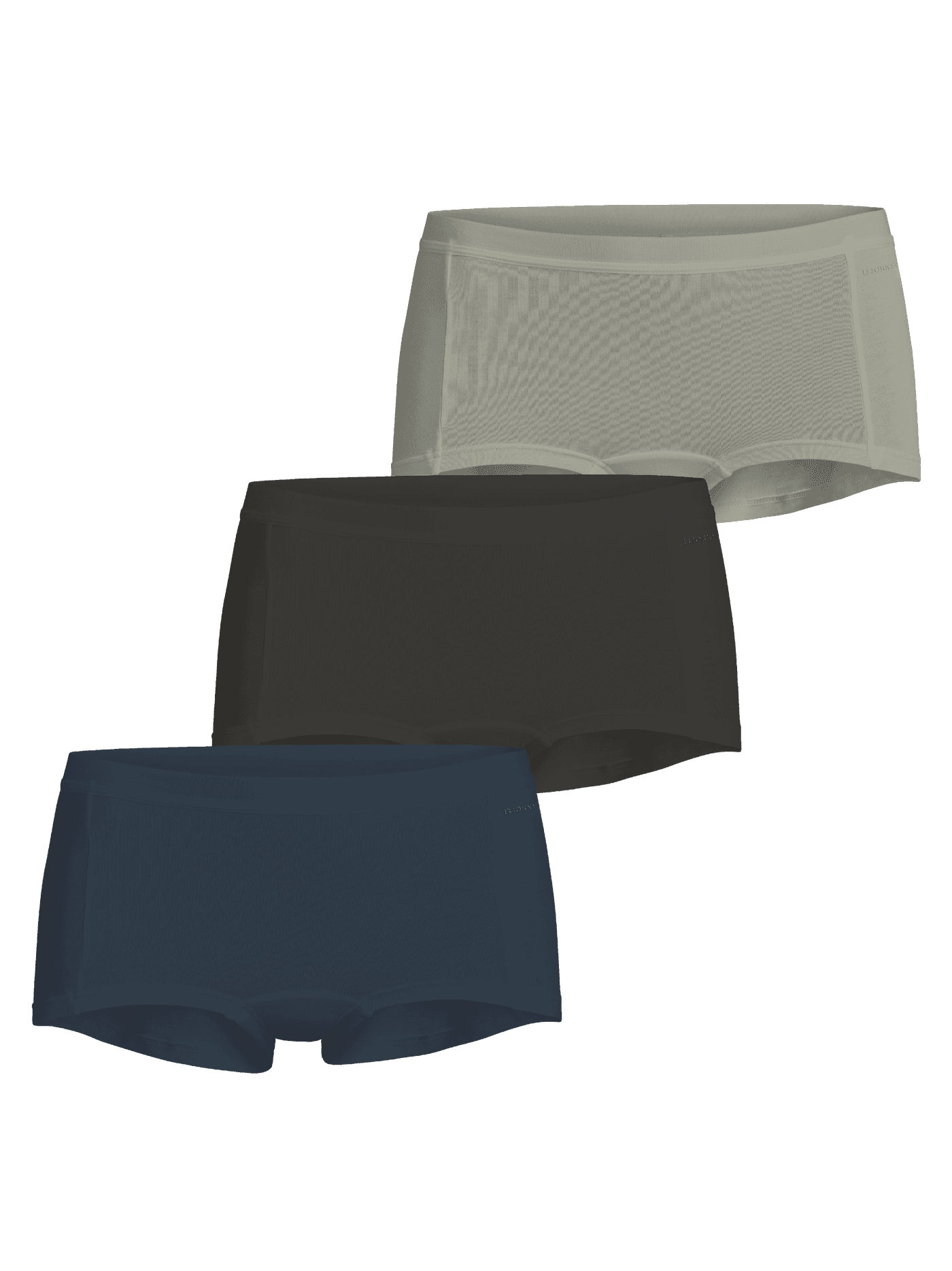 Minishorts 3-pack voor dames in groen, grijs en marineblauw van zachte katoenen stretchstof met een middelhoge taille. - Image 1