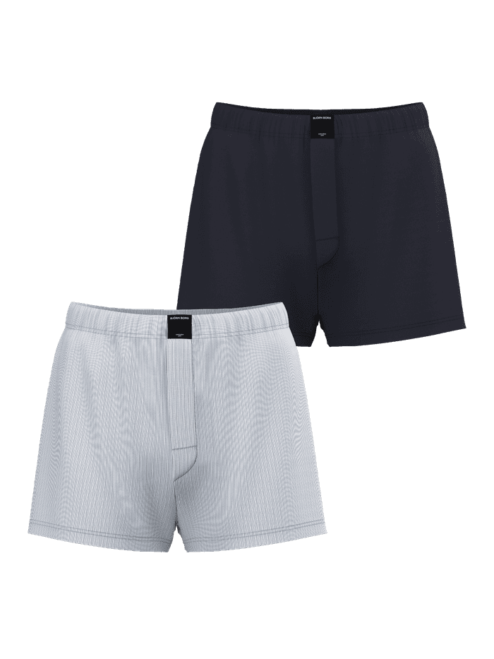 Cotton Stretch Woven Boxer Shorts 2-pack in navy en een fijn streeppatroon van 100% katoen popeline met een losse pasvorm.