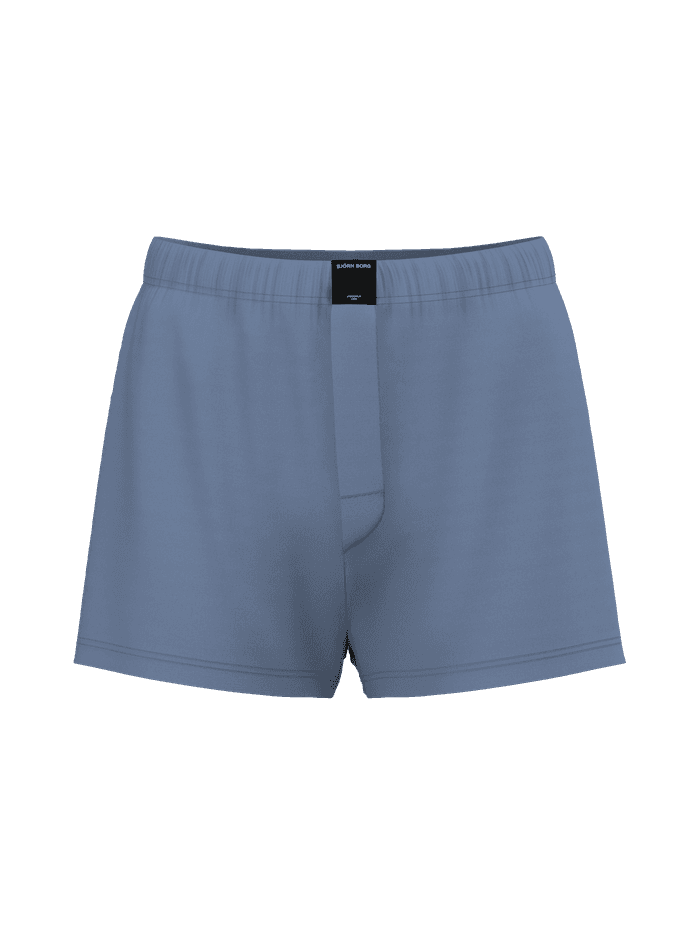 Vue de face du Cotton Stretch Woven Boxer Shorts 2-pack bleu à coupe ample avec étiquette logo tissée noire. - Image 3