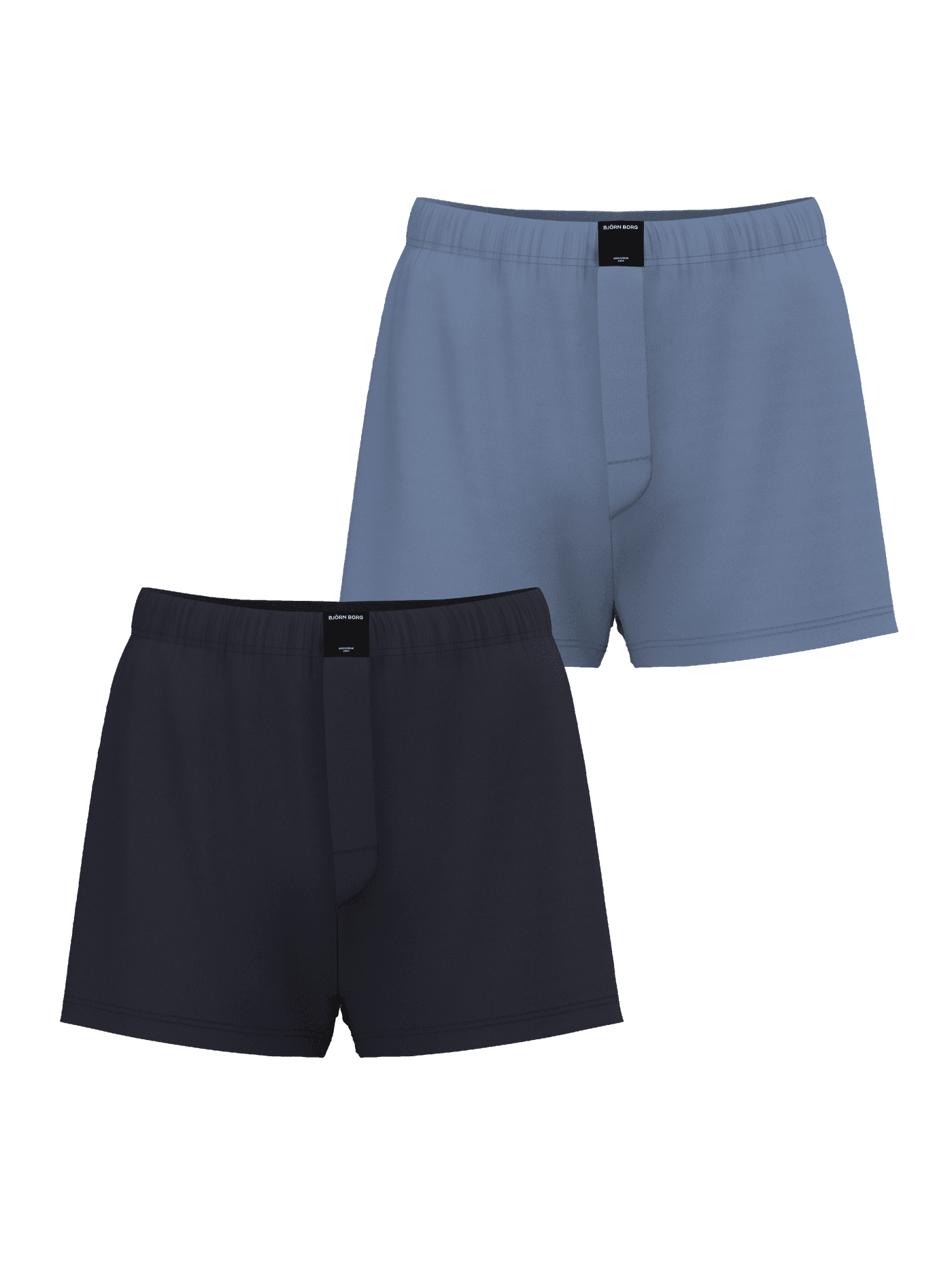 Cotton Stretch Woven Boxer Shorts 2-pack in blue and navy, featuring a black logo label and a comfortable loose fit. - Image 1
