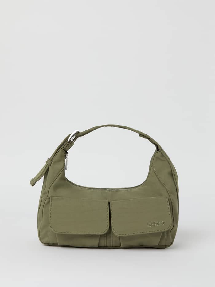 Front view of the Borg Cargo Shoulder Bag in Vetiver (Green), made from recycled polyamide with functional pockets. - Image 2