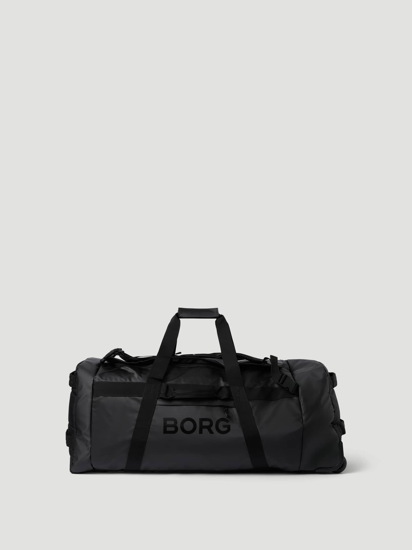 Front view of the Borg Travel Duffle Bag 120L in Black Beauty (Black) with trolley wheels and a black logo. - Image 1