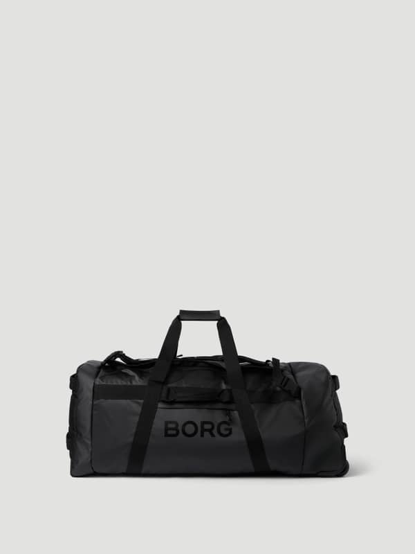 Borg Travel Duffle Bag 120L i Black Beauty (Svart) sedd framifrån med trolleyhjul och en svart logotyp.